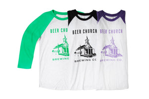 Beer Church Retro Logo Brewery Baseball Shirt | Raglan Sleeve Baseball T Shirts 3 Colors