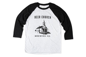 Beer Church Retro Logo Brewery Baseball Shirt | Raglan Sleeve Baseball T Shirts