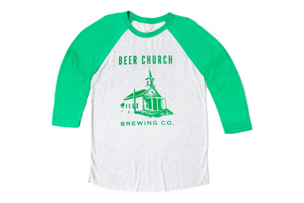 Beer Church Retro Logo Brewery Baseball Shirt | Raglan Sleeve Baseball T Shirts